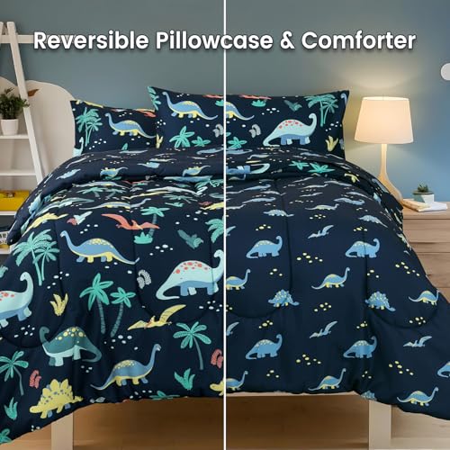 Image of PHF 5 Piece Kids Comforter Set, Ultra Soft Twin Size Comforter Sets Include Comforter, Fitted Sheet, Flat Top Sheet, Pillowcase, Sham for Boys, Dinosaur Bed in A Bag for Baby Bedroom, Dinosaur