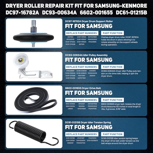 DV45H7000EW A2 DV42H5000EW A3 Parts Replacement for Samsung Dryer Roller Replacement Kit DC97-16782A Dryer Belt 6602-001655 Idler Pulley DC93-00634A Tension Spring DV42H5200EW A3 DV48H7400EW LUXRILIX