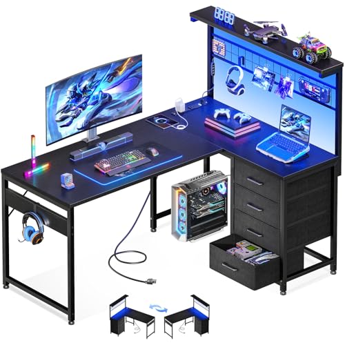 MOTPK L Shaped Gaming Desk with Shelf & 4 Drawers, 43