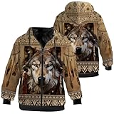 Men's Wolf Fleece Jacket Native American Dreamcatcher Zip Up Hoodie Sweatshirt Winter Warm Hooded Coat Gifts for Him Her,Brown,L