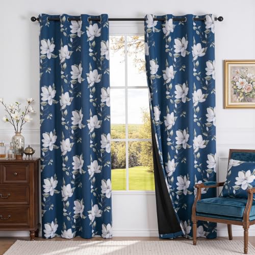 Image of MYSKY HOME Floral 95% Blackout Curtains 84 Inch Long 2 Panels Set for Kitchen White Flower Printed Thermal Insulated Light Blocking Black Out Grommet Window Treatments, 52 inch W Each Panel, Blue