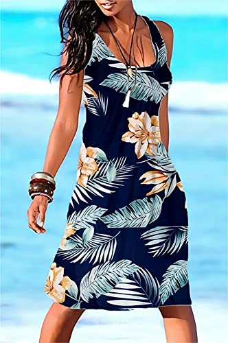 Image of Camisunny Women Casual Loose Tank Dresses Sleeveless Beach Vacation Dress Swing Pleated U Neck Fashion Soft