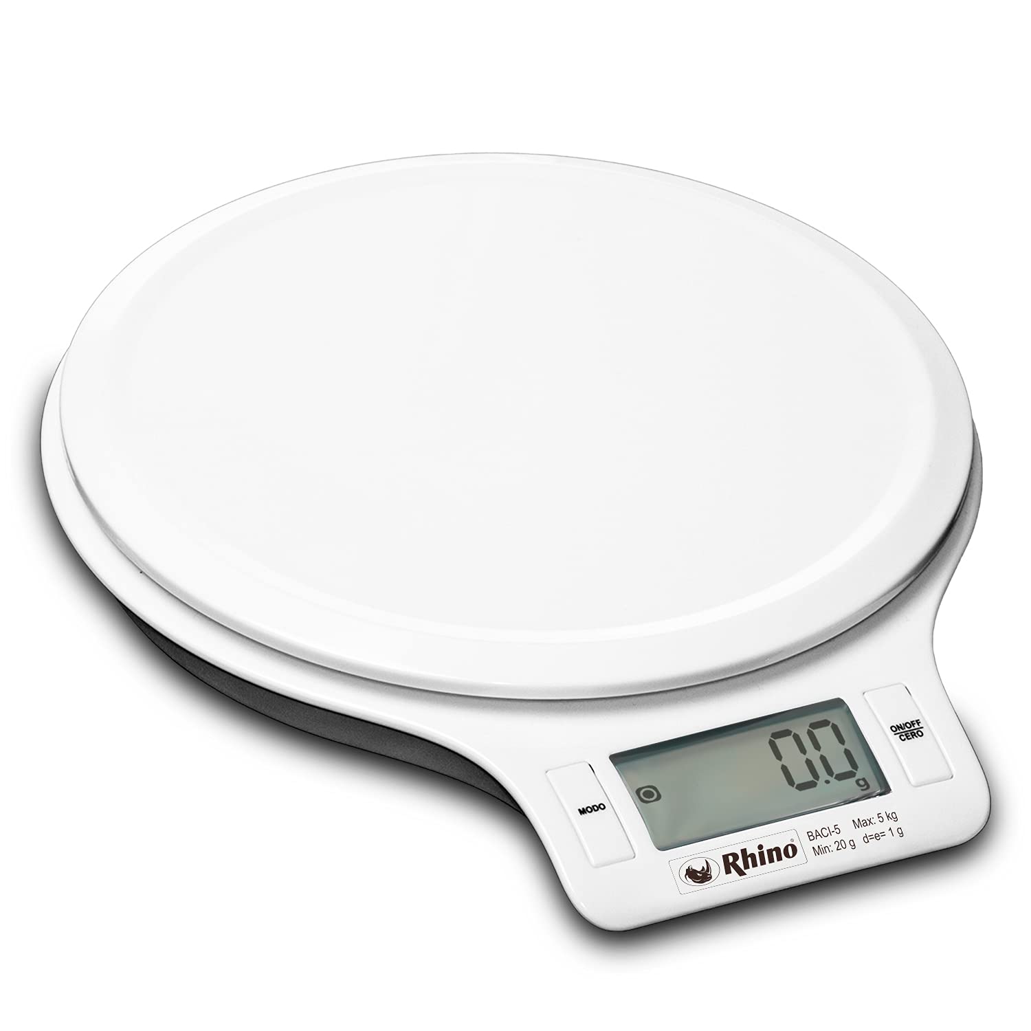 Imagen del producto: RHINO Báscula Digital de Cocina 5 kg / 1 g, Pesa en Gramos, Libras y Onzas, con Cálculo de Volumen en Mililitros y Tazas