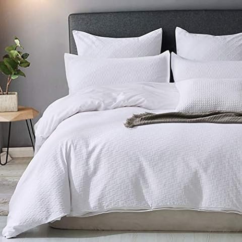 David's Home Cotton Blended Duvet Cover Set King, Ultra Soft Cozy Check Gingham Comforter Cover Set, Yarn Dyed Geometry Plaid Bedding Set 3 PCS for All Season, 106"x92", White Cover