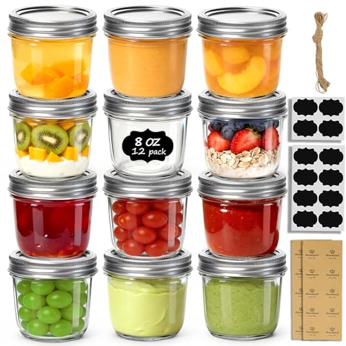 Image of ComSaf 8 oz Wide Mouth Mason Jars, 12Pcs Glass Jars for Home Cooks Making Jam and Jelly, and Crafters Creating DIY Candles and Party Favors, Canning Jar with Lids and Rings，Includes Labels & Twine