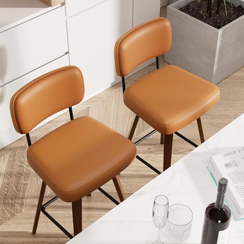 Image of Swivel Bar Stools Set of 2, 26 inch Upholstered Faux Leather Counter Height Barstools with Walnut Back & Bentwood Legs, Mid Century Modern Bar Chairs Island Stools for Kitchen Counter, Brown