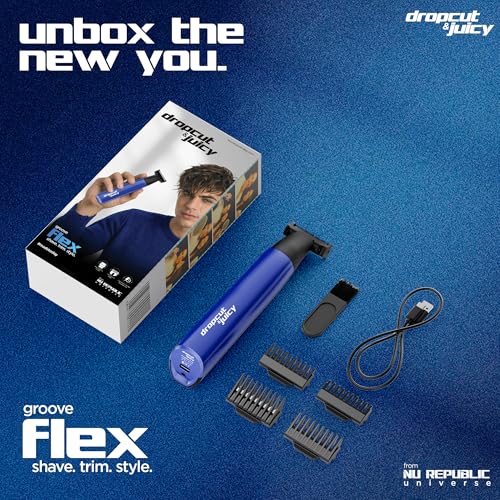 Image of Dropcut & Juicy Groove Flex 4 in 1 Trimmer Men| All In One Body Trimmer| 90 Min Charge Time|100 Mins Run Time| Dual Sided Flexible Blade| Type C Charging (Black & Blue)