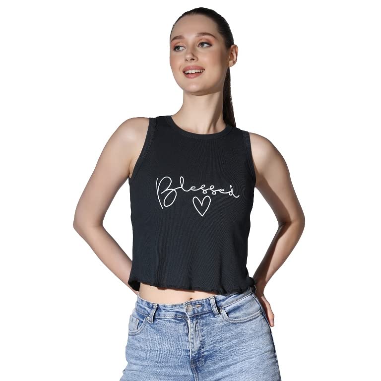 Image of OM SAI LATEST CREATION Crop Tops for Women || Ribbed Solid Chest Printed Crop Top for Girls || Text & Hart Print with Round Neck & Sleeveless Crop Top for Women || Tank Top.