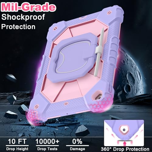 Image of WESOROL Case for iPad 9th Generation 10.2 Inch Tablet Case Military Grade Shockproof Cover for iPad 9th /8th /7th Gen Cases with Rotating Stand Screen Protector Pencil Holder,Purple Rose