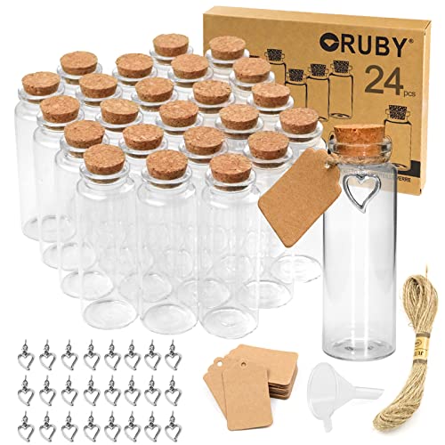 RUBY 24pcs 40ml Petite Fiole en Verre avec Bouchon - 30 x 85mm Mini Bouteille Verre Mariage, Kit Petite Bouteille en Verre avec Bouchon en Liège, Pendentif métal, Carte, Entonnoir, Corde