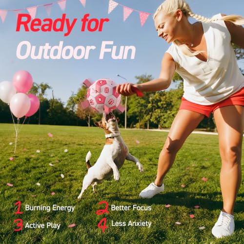 Image of QDAN Dog Birthday Toys, Pink Soccer Ball with Straps, Interactive Tug of War Toy, Puppy Birthday Gifts, Water Toy, Durable Dog Balls for Medium Large (8 Inch)