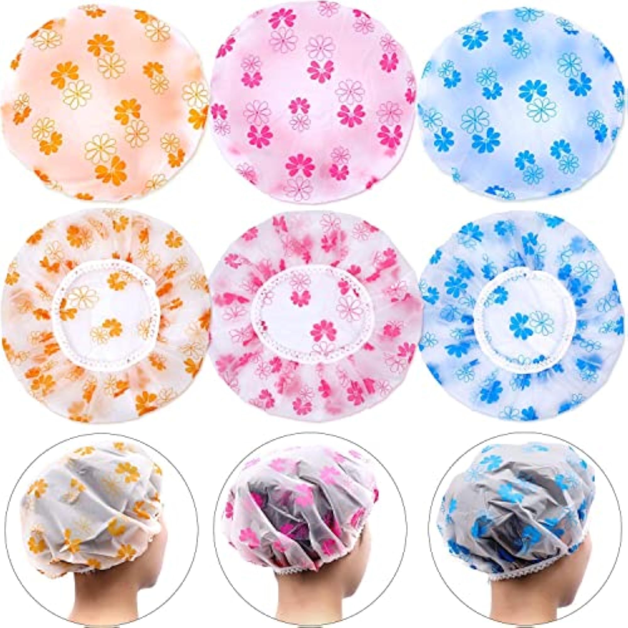 6 Pieces Waterproof EVA Plastic Shower Cap, Reusable Bathing Hair Cap