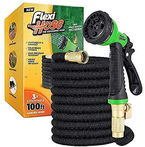 Flexi Hose with 8 Function Nozzle, Lightweight Expandable Garden Hose, No-Kink Flexibility, 3/4 Inch Solid Brass Fittings and Double Latex Core
