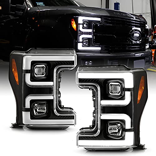 ACANII - For [Halogen Model] 2017-2019 Ford F250 F350 SuperDuty Black Dual LED Tube Projector Headlights Pair Left+Right