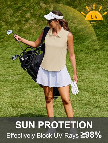 Image of PINSPARK Women Golf Shirts Sleeveless UPF 50+ Tennis Polo V-Neck Quick Dry Athletic T Shirt 1 /4 Zip Collar Workout Tank Top