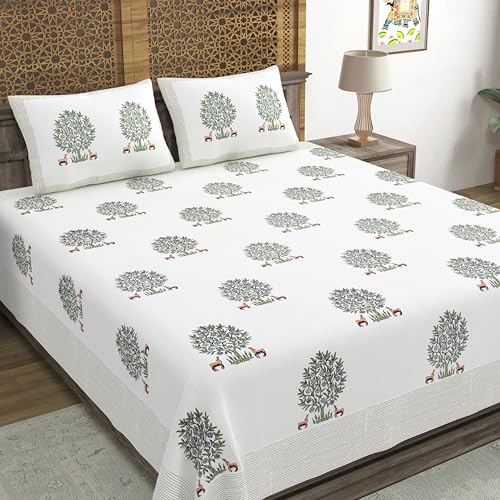 Image of BLOCKS OF INDIA Hand Block Printed 300 TC Cotton Super King Size Bedsheet(106 x 106) (Life Grey)
