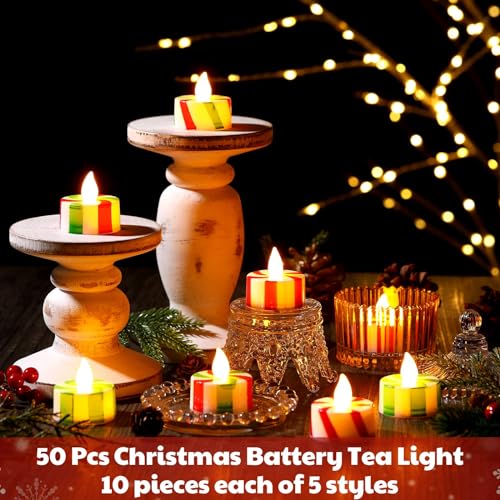 Vihose ANB-VIHOSE-20958 50 Pcs Christmas Battery Tea Light, Candy Cane Striped Decorations, Flameless Electronic Candle, Realistic And Bright Led Wax Candles For Birthday Table Wedding Holiday Party thumb #4