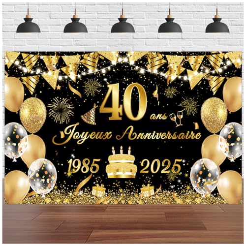 Huigugu Bannière Anniversaire 40 Ans Homme Femme Décoration 180 x 110 cm Noir Polyester Reutilisable Intérieur Extérieur