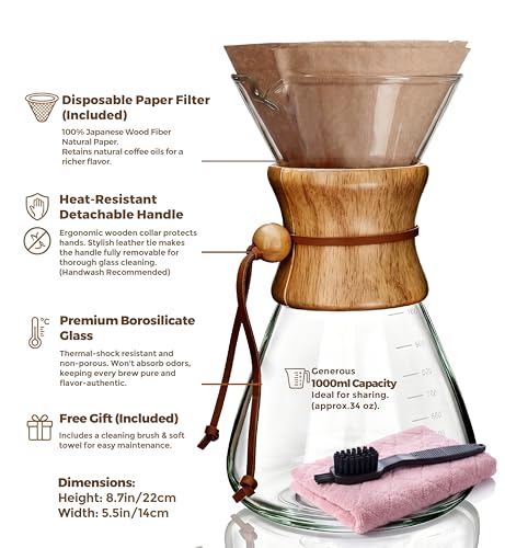 Image of AGOGO Pour Over Coffee Maker Set,34oz Slim Style, 50 Paper Filters | Barista kit for home kitchen, Cafe, Camping & Office; 20oz-40oz Classic, Slim, Diamond styles; Includes brush & towel.