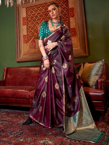 Image of AKHILAM Women's Satin Silk Bagh Printed Saree With Unstitched Blouse(KNTKLX391001 RJ Parent)
