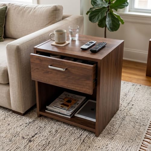 Image of FFO Modern Bedside Table with Drawer & Open Shelf, Wooden Top with Metal Frame, Compact Nightstand for Bedroom, Side Table with Storage, End Table for Living Room