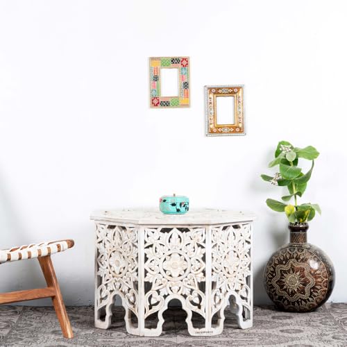 Image of Wooden Coffee Table for Living Room | Handcrafted Solid Wood Center Table for Living Room with Carved Floral Design | Coffee Table for Home, Wooden Furniture for Home (White Distress)