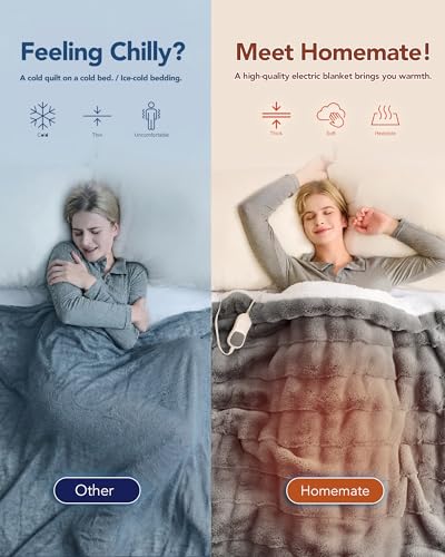 Image of Homemate Electric Heated Throw Blanket - 50 inchx60 inch Luxury Faux Fur Heating Bed Blankets with 10 Heating Levels 8 Hours Auto Off Fast Heating Over-Heated Protection Ultra Soft Warm Flannel ETL Certified