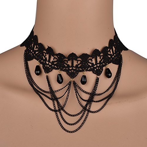 Black Elegant Fabric Handmade Tassel Beads Resin Choker Bib Pendant Lace Necklace X68K03