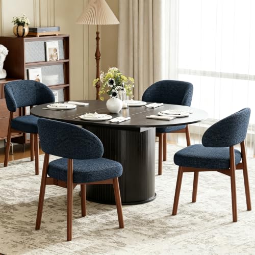 Image of MALOL 47 inch-63 inch Extendable Round to Oval Dining Table Chairs Set for 4-8, Modern Wooden Kitchen Table and Chairs with Hidden Storage and Fluted Design for Dining Room /Small Space(Black and Dark Blue)