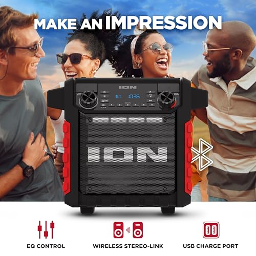 Image of ION Tailgater Classic Outdoor Portable Bluetooth Speaker with Rechargeable Battery, FM Radio, USB Port, IPX5 Water-Resistant, 6.5 inch Woofer, App, Red