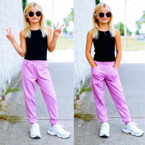 BIG ELEPHANT 3 Pack Girls Joggers with Pockets, High Waisted Kids Athletic Pants for Yoga Running3