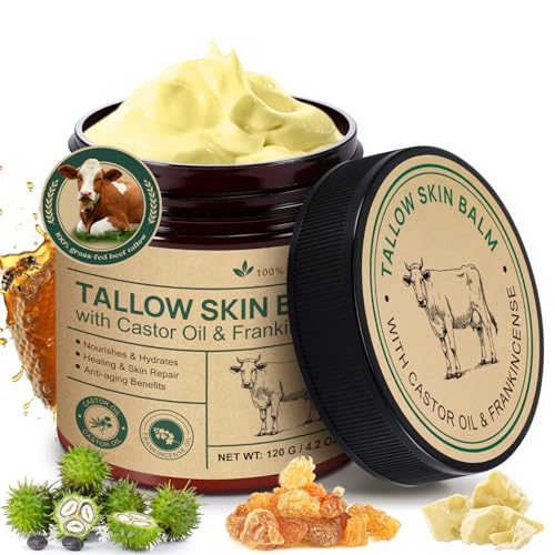 Beef Tallow Balm with Frankincense and Castor oil 4.2 fl.oz 100% Grass-Fed Tallow for Skin Care Face & Body Moisturizer for Skin Hydrating & Nourishing Sensitive Skin & Dry Skin Age Defying