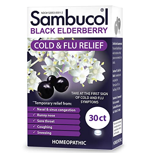 Sambucol Cold and Flu Relief Tablets - Homeopathic Cold Medicine, Nasal & Sinus Congestion Relief, Use for Runny Nose, Sore Throat, Coughing, Cold Remedy for Adults - Black Elderberry, 30 Count