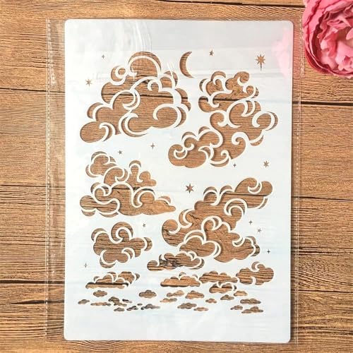 TIAMECH A4 Reusable Cloud Stencil for Painting - Star Moon on Sky Layering Template, DIY Wall Art, Wood Furniture, Scrapbook & Crafts (8.3x11.7inch)