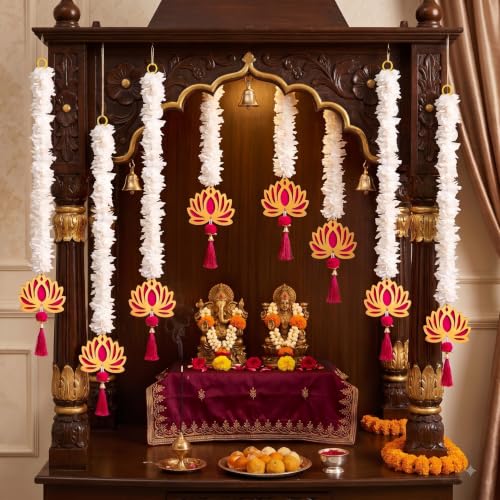 Image of JH Gallery Golden Floral Lotus for Ganpati Decoration Items for Home - Handmade Ganesh Chaturthi Backdrop Decoration, Mandir & Balcony Hanging (24 Inch, Pack of 8)