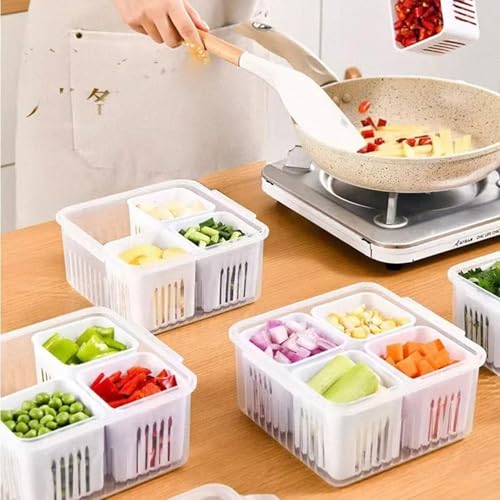 Image of 4 Grid | Fridge Storage organiser storage box and organiser | Container for Kitchen Storage Set, kitchen storage box, Vegetable Storage, kitchen accessories items for home jars containers