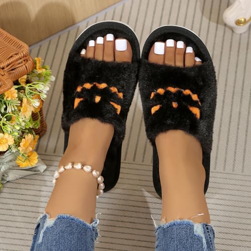 Halloween Slippers For Women 2025,Pumpkin Spooky Bat Slipper Women's Fuzzy Soft Plush Cozy Open Toe Warm Flat Shoes4