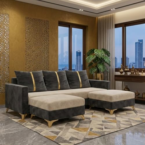 Image of Caviar 5 Seater L Shape Sofa Set with 2 Movable Ottomans | Flexible Layout | Luxury Velvet Suede Fabric | Modern Living Room Sofa | Dark Grey-Cream