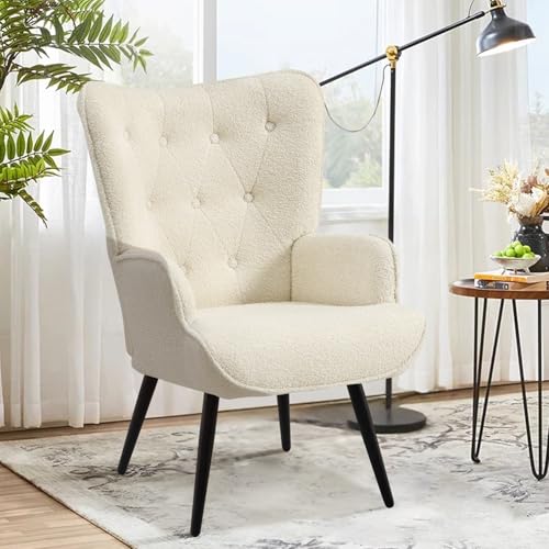 Ckaff Ohrensessel Sessel Wohnzimmer, Skandinavischer Stil Relaxsessel Sherpa Boucé mit Hoher Rückenlehne Loungesessel Polstersessel fürs Wohnzimmer Schlafzimmer Arbeitszimmer Gästezimmer, Weiß