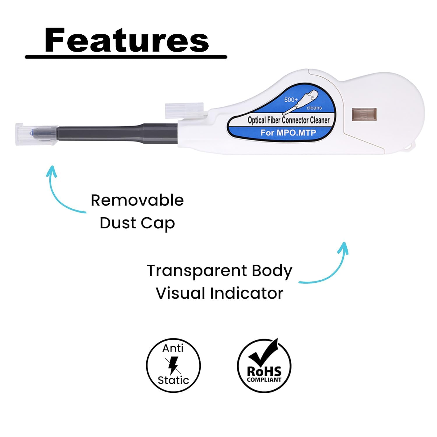 Limpiador de fibra óptica para conector MTP/MPO, limpiador de conectores ópticos de más de 500 limpias, limpia la cara final de fibra y limpia el conector óptico (blanco)