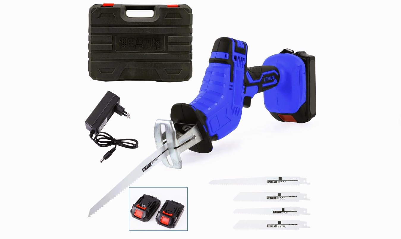 Sega Alternativa a Batteria 24V, Velocità Variabile 0-3000rpm, Freno Elettrico, Cambio Lama Senza Attrezzi, Taglio Legno 100mm, Metallo 2mm, Plastica 100mm, Impugnatura Ergonomica, Alta Potenza, Blu