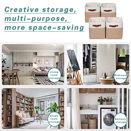 Jossens 11 Inch Fabric Baskets With Leather Handles,Foldable Cubes Storage Bins Set Of 4 For Cube Organizer Home Toy Nursery Closet Bedroom (Khaki) #TOP5