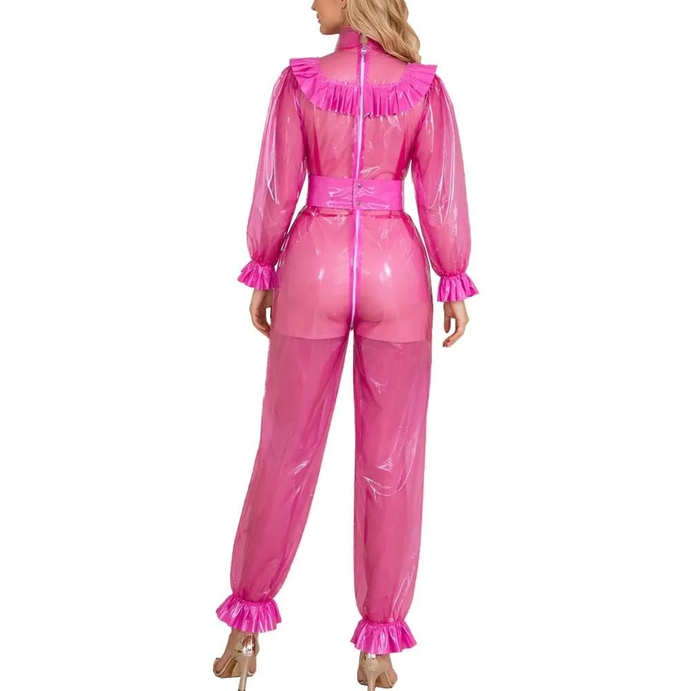 Abschließbarer Rüschenbesatz Klarer PVC Jumpsuit Langarm Strampler Thematischer Party Bodysuit