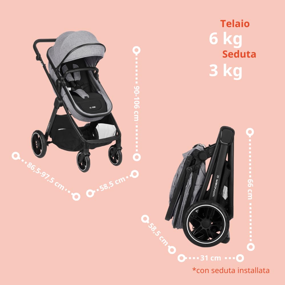 Nurse Wander C Trio Carrito de Bebé 3 en 1, Capazo Convertible en Hamaca y Silla de Coche i-Size, Plegado Compacto, con Accesorios, Gris