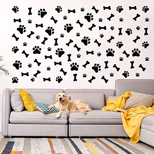 Quanyuchang Set mit 76 Hunde-Dekor-Aufklebern: schwarze, matte Vinyl-Hundepfoten-Aufkleber, Knochen, Fußabdruck, Aufkleber für Wand, Glas, Möbel und mehr