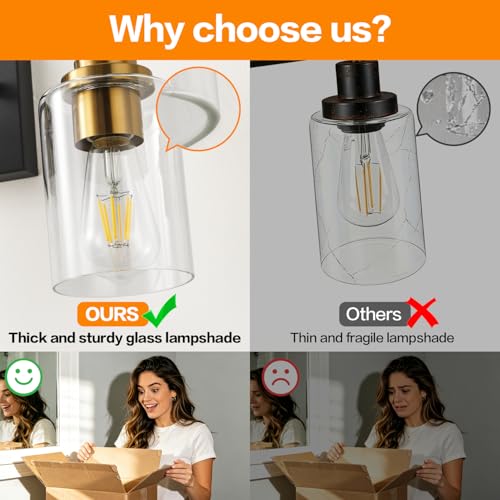 Image of SOLFART Bathroom Lighting Fixtures Over Mirror: 3-Light Black and Gold Vanity Lights Clear Glass Shades(Bulbs Not Included)
