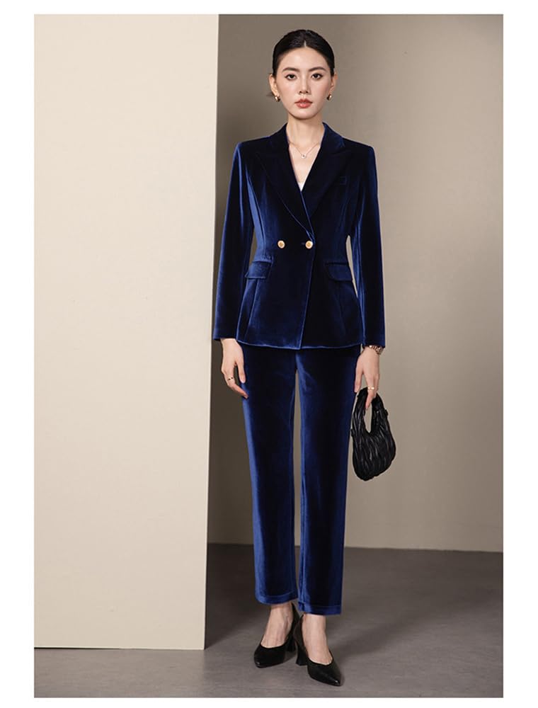 Kromoc Damen Zweiteiliger Samtanzug Zweireihig Knöpfe Spitze Revers Jacke und Hose Smoking Tägliche Freizeit