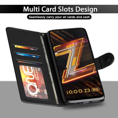 Image of Pikkme IQOO Z3 5G Flip Case Leather Finish | Inside TPU with Card Pockets | Wallet Stand and Shock Proof | Magnetic Closing | Complete Protection Flip Cover for IQOO Z3 5G (Black)