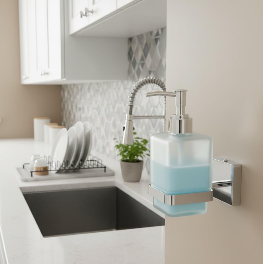 Image of EASYHOME FURNISH Premium Wall-Mounted Liquid Soap Dispenser for Bathroom and Kitchen | Frosted Glass Bottle with Rust-Proof 304 Stainless Steel Holder & Chrome Finish Pump