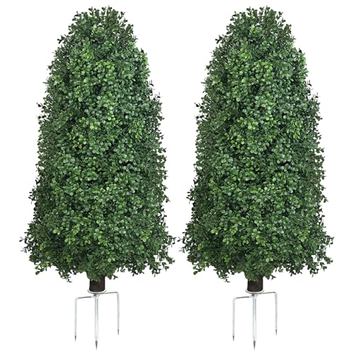 Image of Boxwood Topiary Bush -Artificial Topiary for Outdoors-Evergreen Plants Topiary Ball Tree UV-Resistant 2-Pack for Front Porch Garden Yard Balcony Decor
